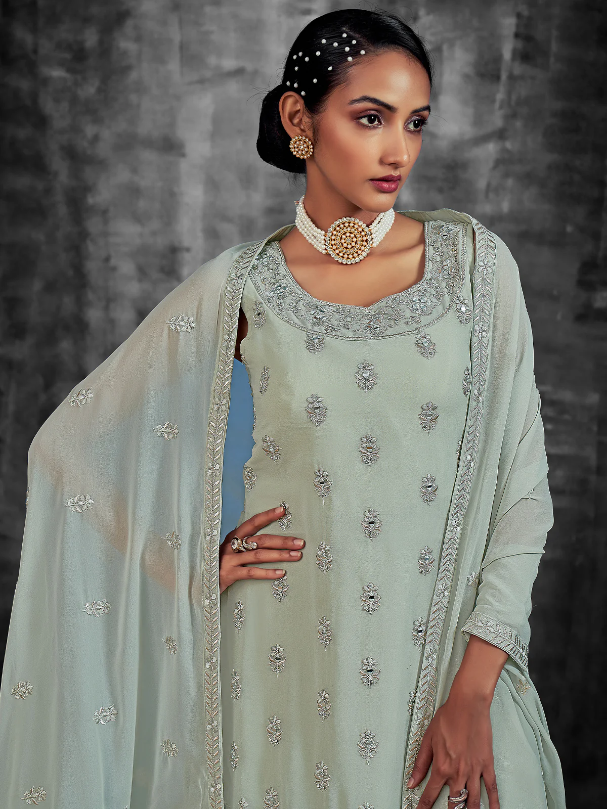 Odette Women Classic Embroidered Green Georgette Stitched Kurta Set - Image 3