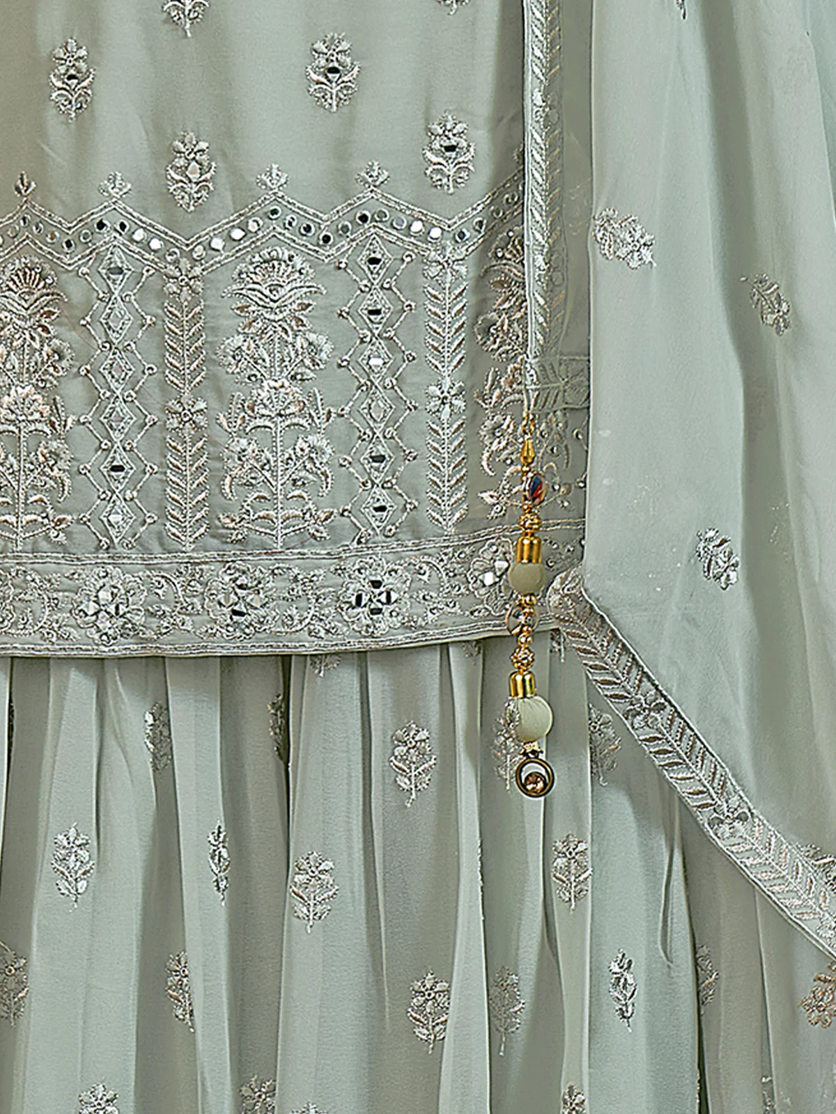 Odette Women Classic Embroidered Green Georgette Stitched Kurta Set - Image 5