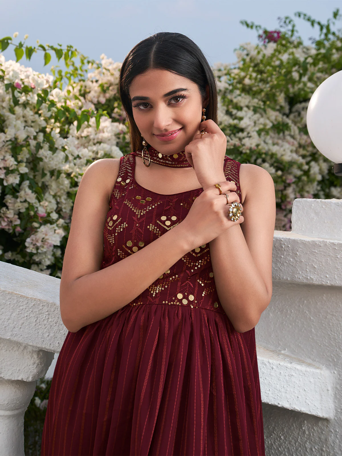 Odette Women Classic Embroidered Maroon Georgette Semi Stitched Gown - Image 3