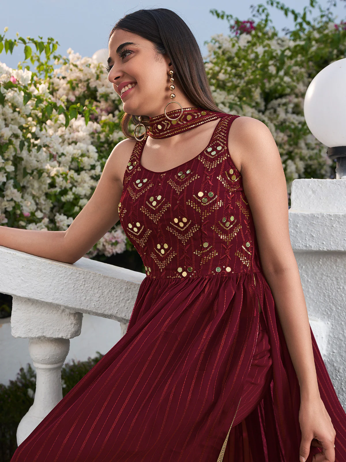 Odette Women Classic Embroidered Maroon Georgette Semi Stitched Gown - Image 4