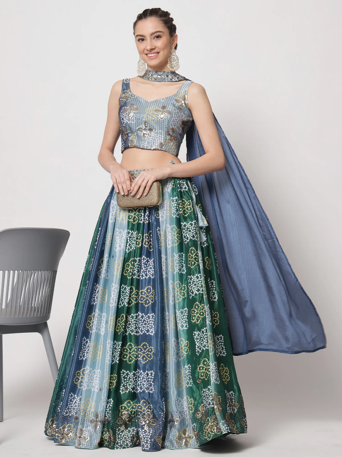 Odette Women Classic Multicolor Chinon Silk Printed Semi Stitched Lehenga With Unstitched Blouse