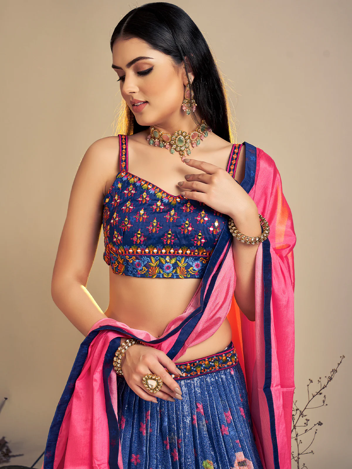 Odette Women Classic Navy Blue Art Silk Sequins Work Stitched Lehenga Choli Set - Image 2