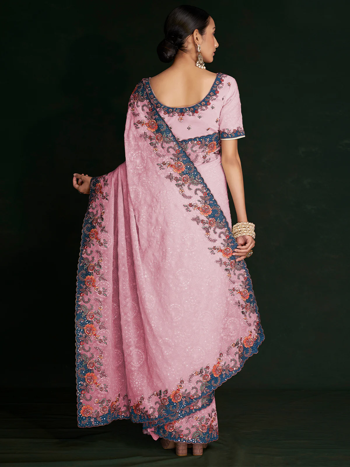 Odette Women Classic Pink Georgette Embroidered Saree With Unstitched Blouse - Image 4