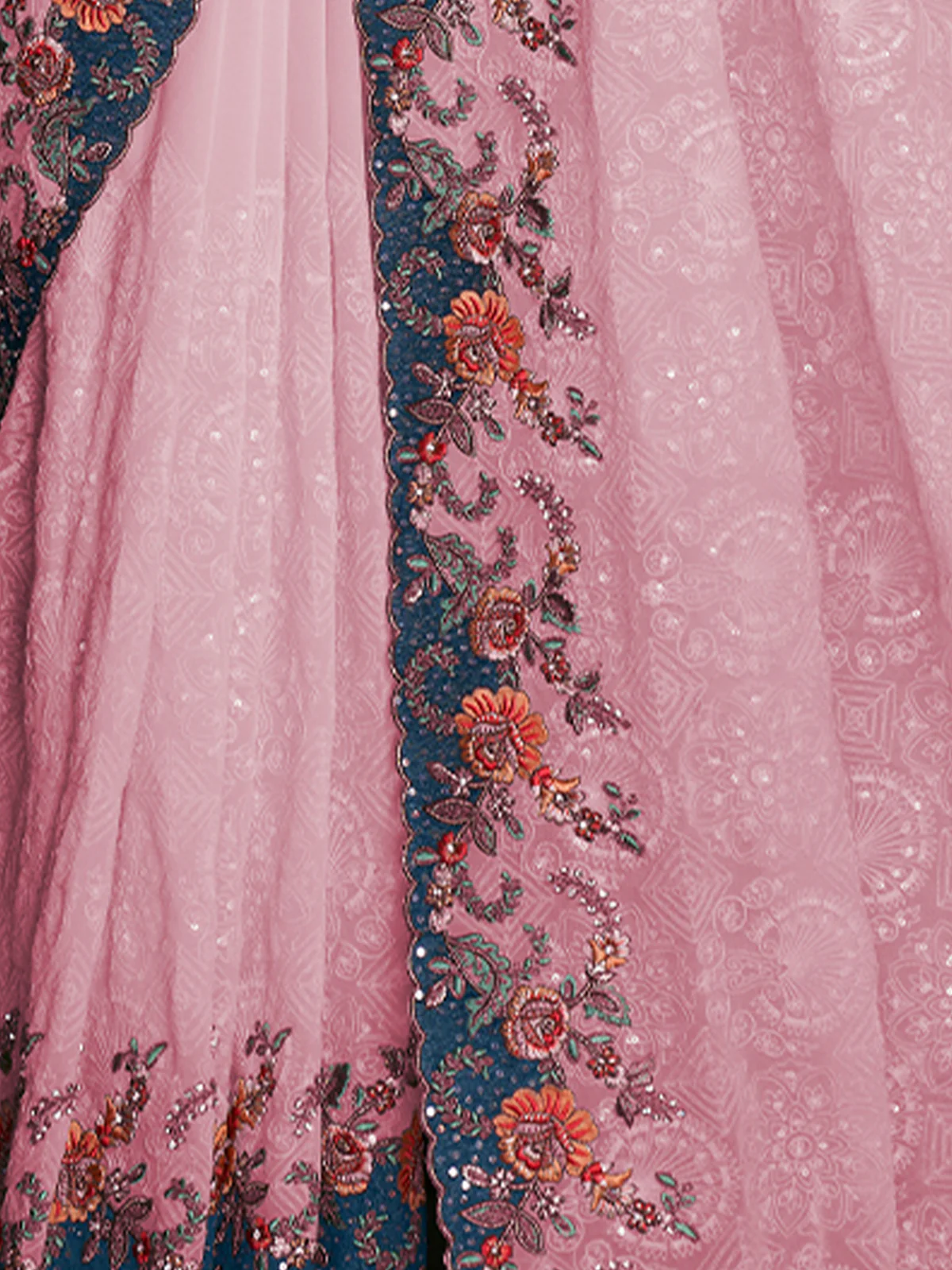 Odette Women Classic Pink Georgette Embroidered Saree With Unstitched Blouse - Image 6