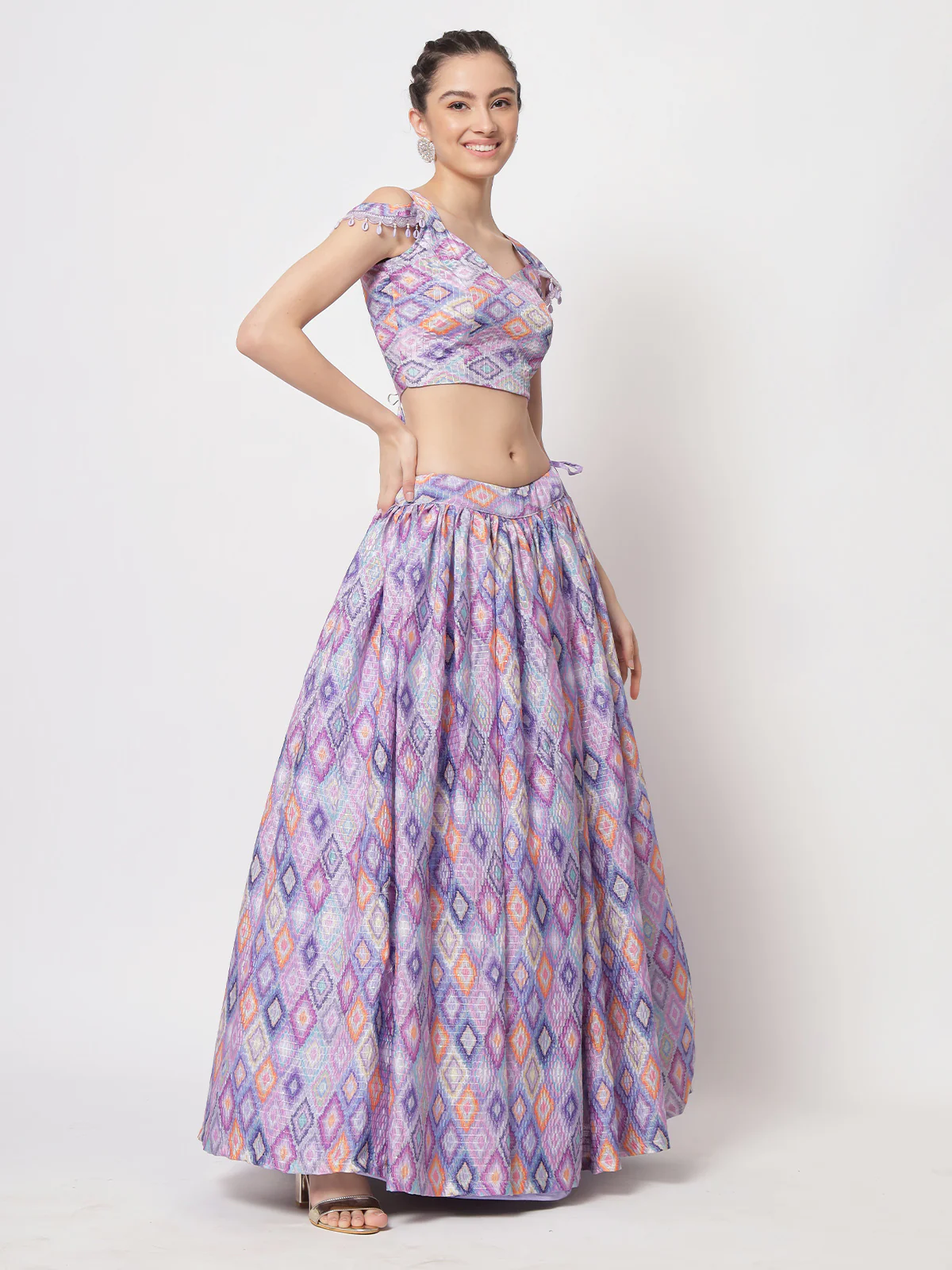Odette Women Classic Purple Chinon Silk Printed Semi Stitched Lehenga With Unstitched Blouse - Image 3