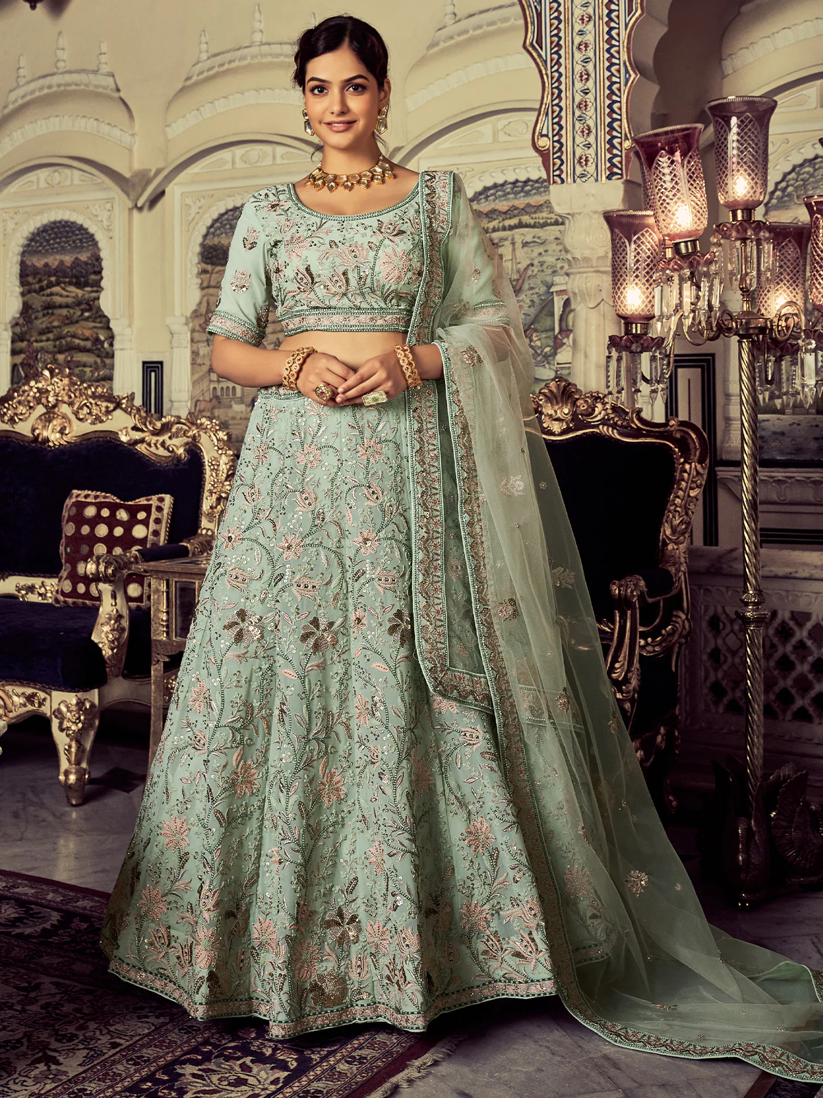 Odette Women Classic Sea Green Georgette Embroidered Semi Stitched Lehenga With Unstitched Blouse
