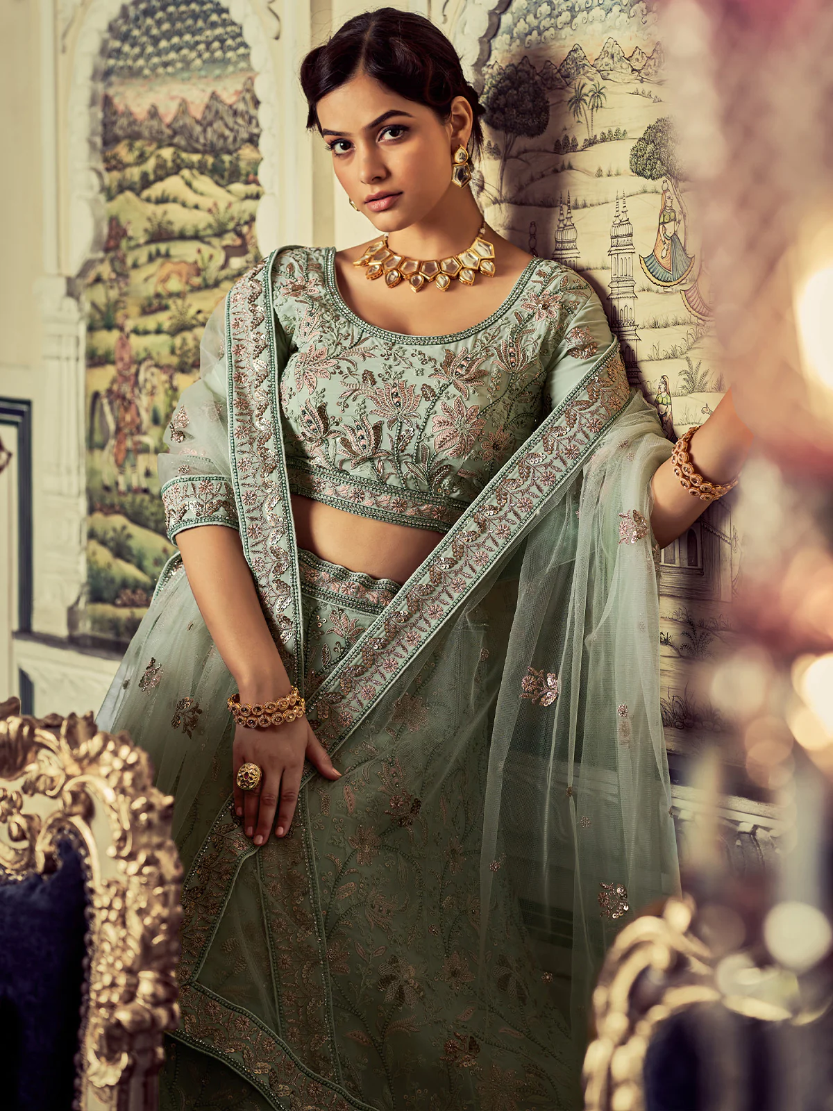 Odette Women Classic Sea Green Georgette Embroidered Semi Stitched Lehenga With Unstitched Blouse - Image 2