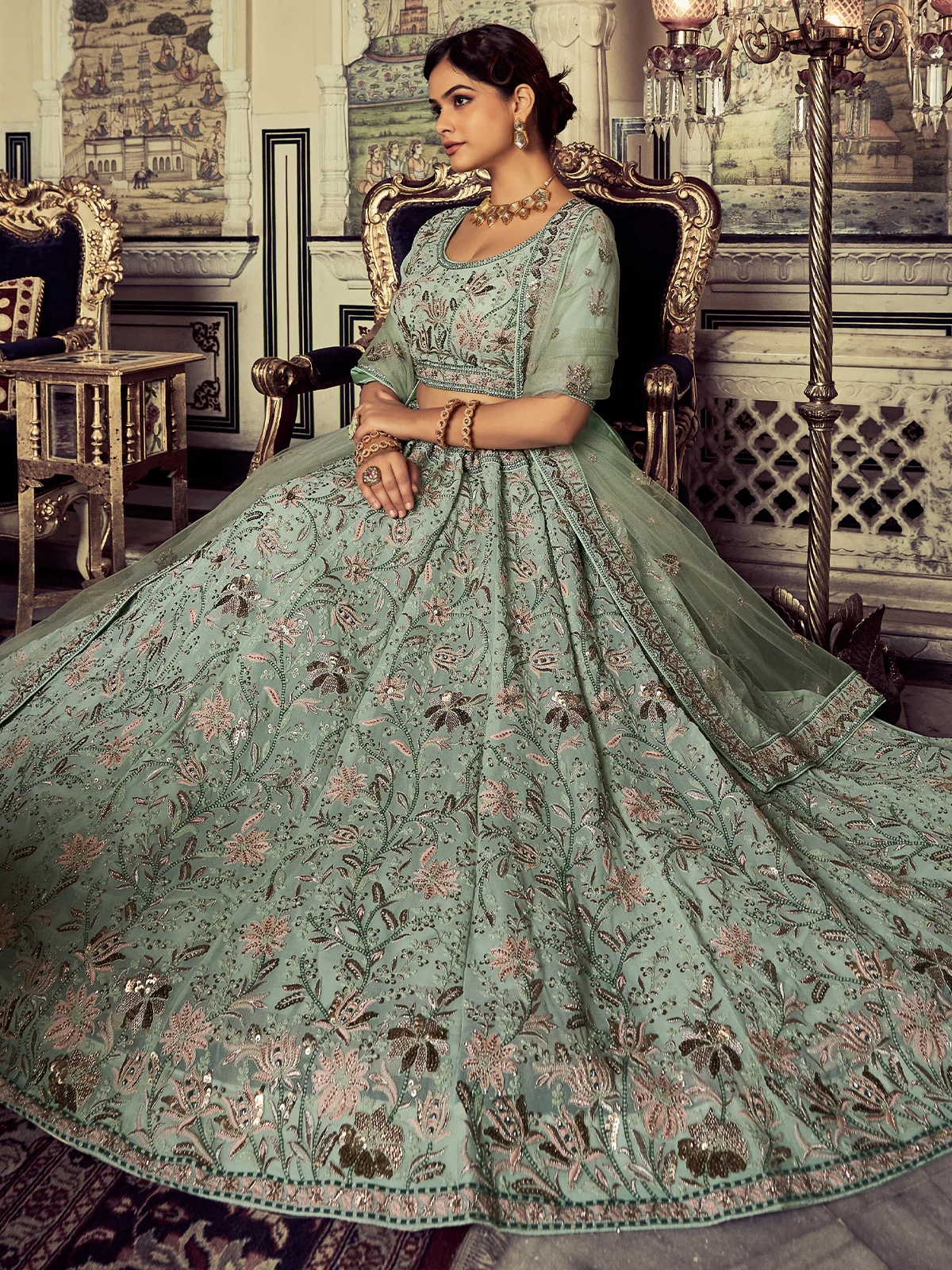 Odette Women Classic Sea Green Georgette Embroidered Semi Stitched Lehenga With Unstitched Blouse - Image 3