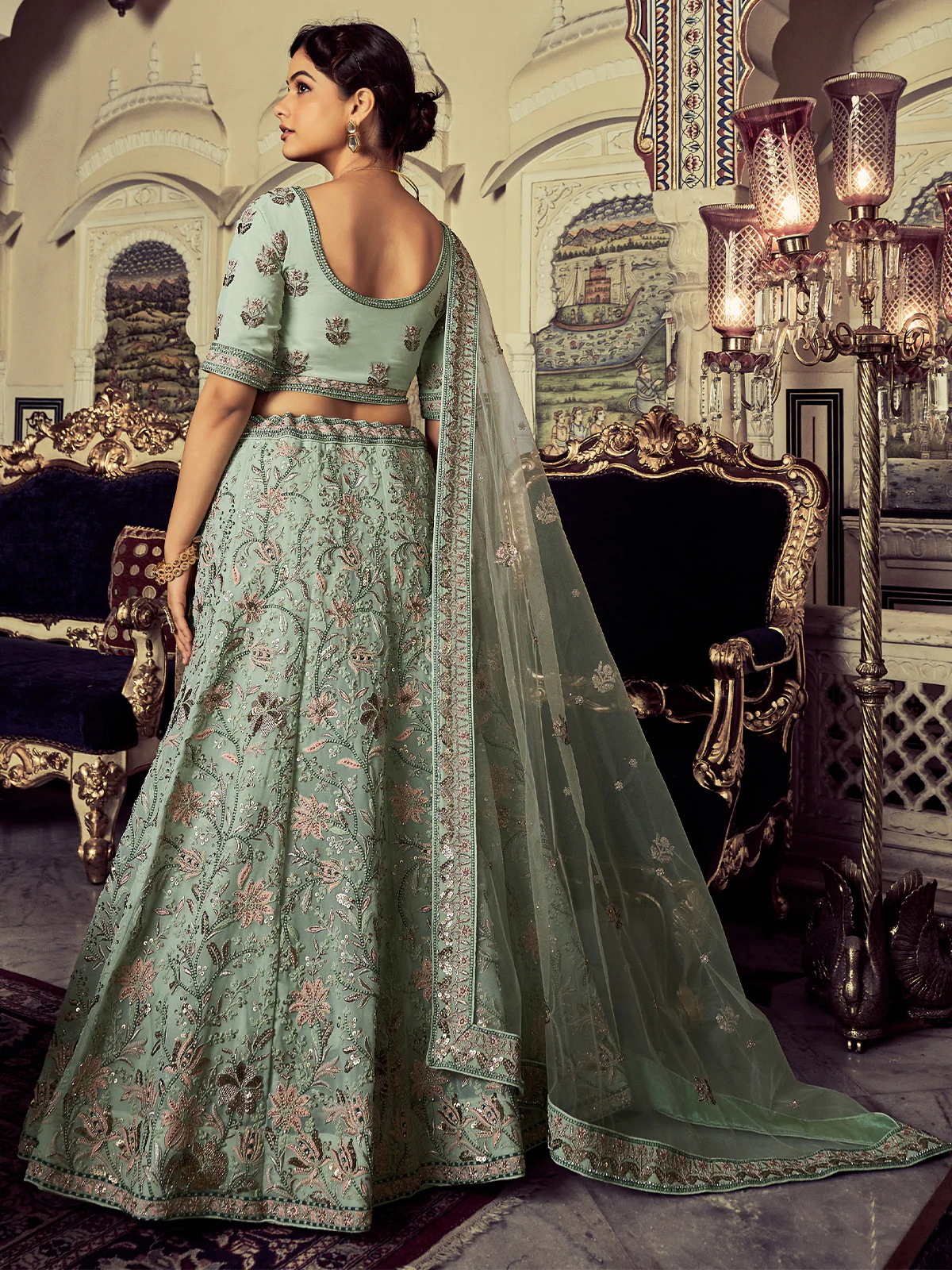 Odette Women Classic Sea Green Georgette Embroidered Semi Stitched Lehenga With Unstitched Blouse - Image 4