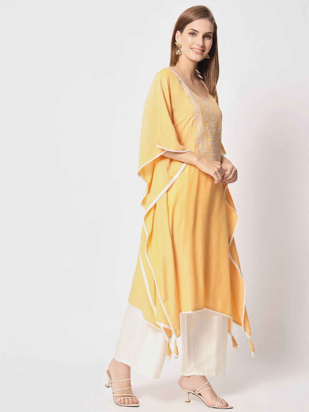 Odette Women Classic Yellow Silk Blend Embroidered Stitched Kurta Set - Image 3