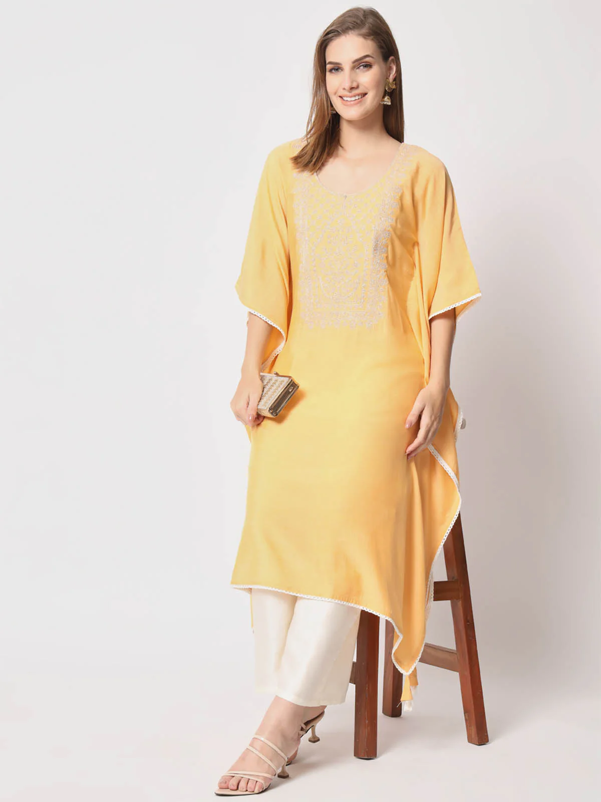 Odette Women Classic Yellow Silk Blend Embroidered Stitched Kurta Set - Image 5