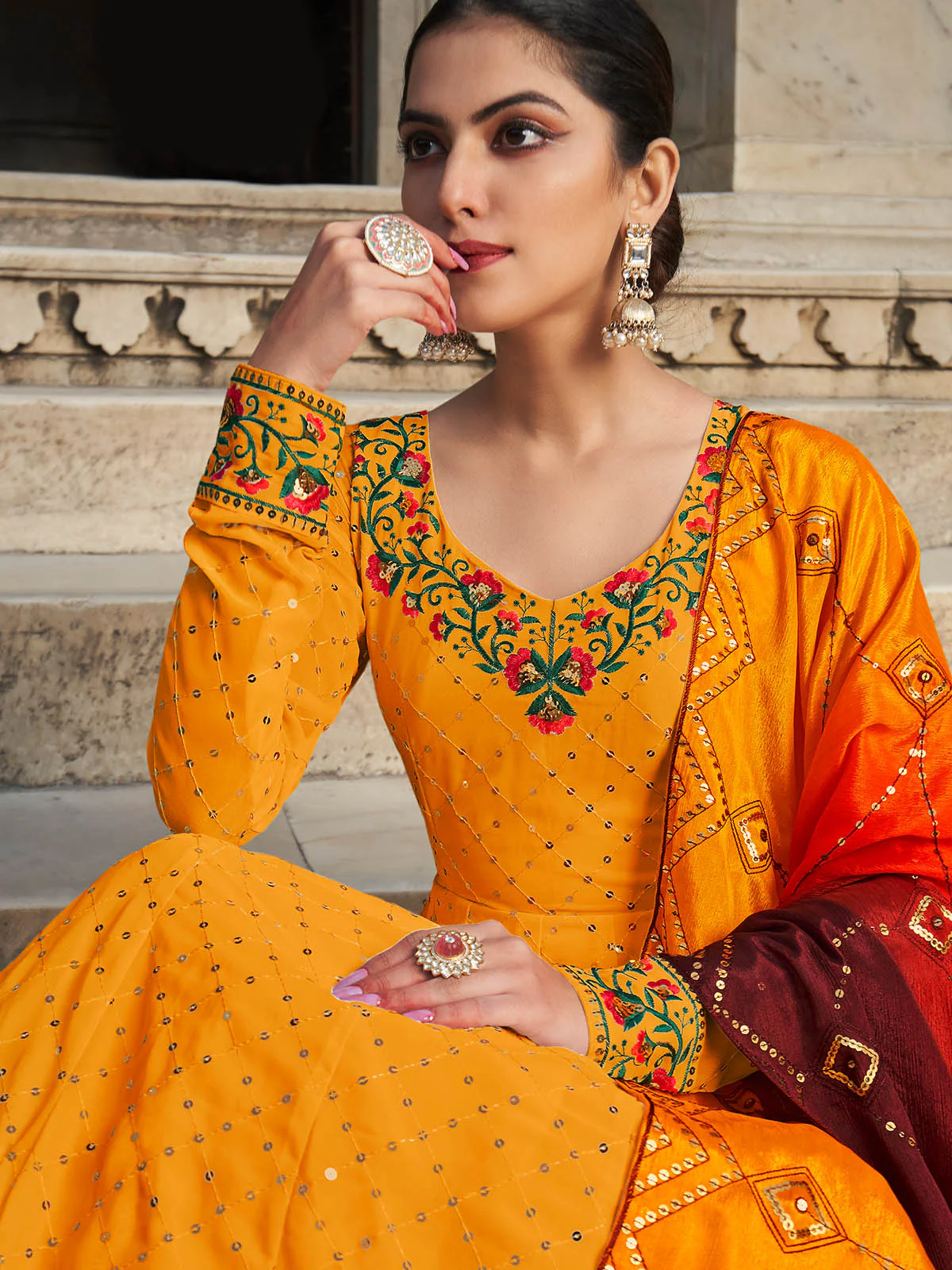 Odette Women Classic Yellow Embroidered Semi Stitched Gown - Image 3