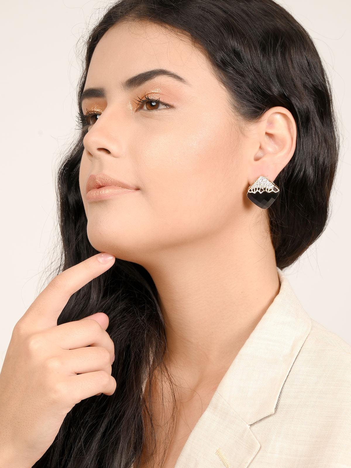 Odette Women Classy Aubergine Square Crystal Stud Earrings - Image 2