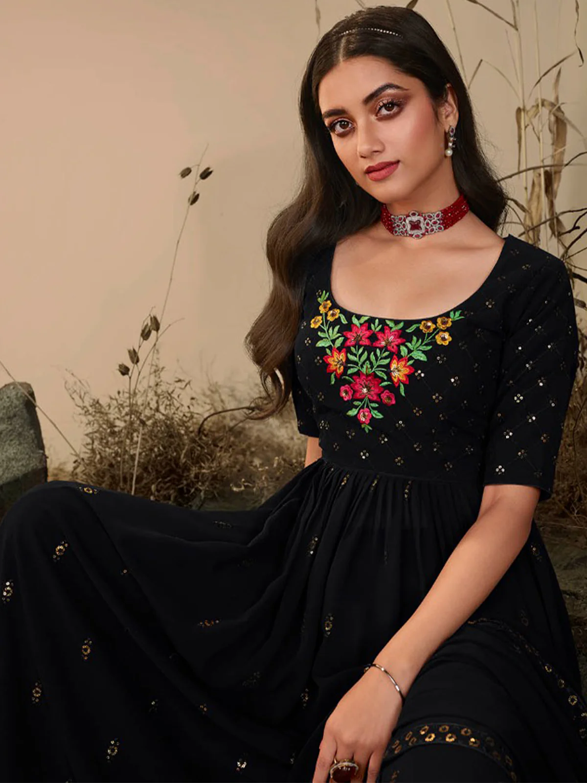 Odette Women Classy Black Georgette Stitched Salwar Suit - Image 2