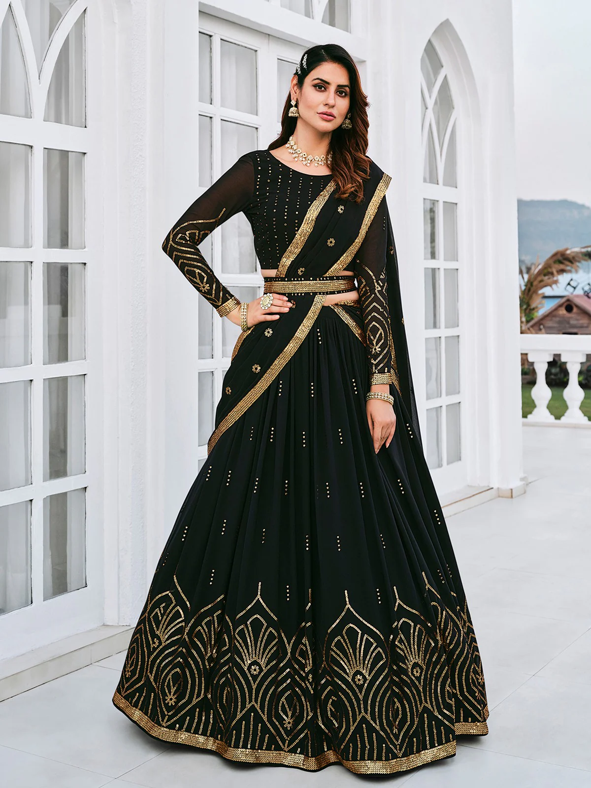 Odette Women Classy Black Georgette Semi-Stitched Lehenga Choli - Image 2