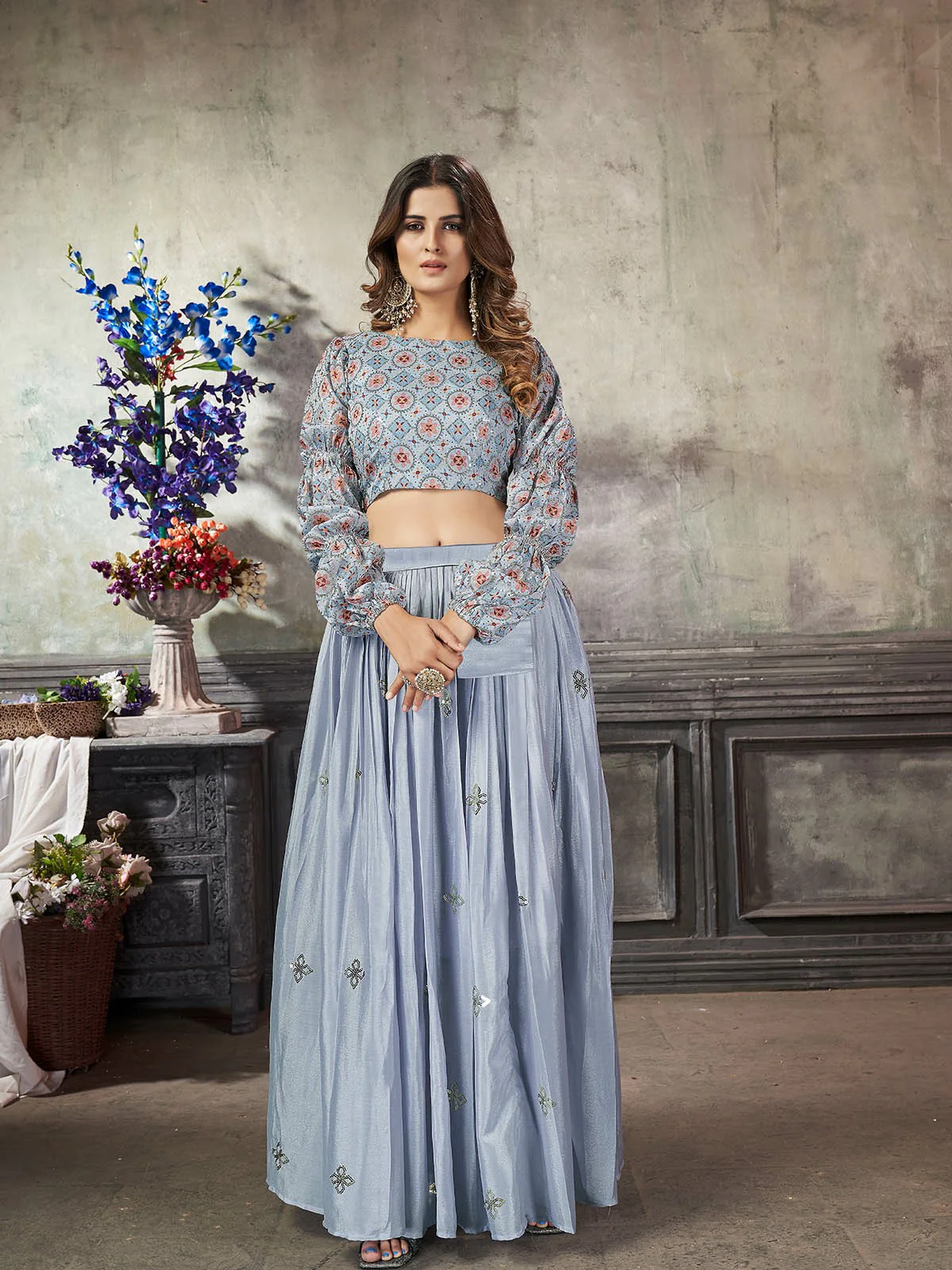 Odette Women Classy Blue Art Silk Stitched Lehenga Choli