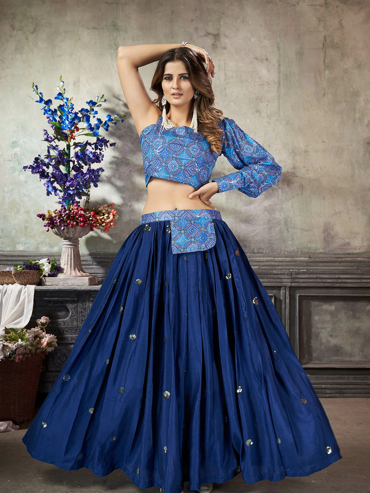 Odette Women Classy Blue Art Silk Stitched Lehenga Choli
