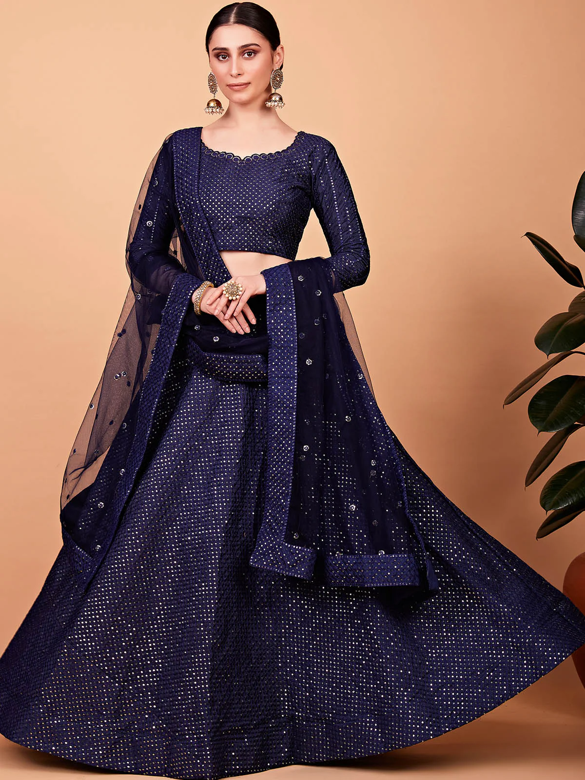 Odette Women Classy Dark Blue Silk Semi Stitched Lehenga With Unstitched Blouse - Image 2