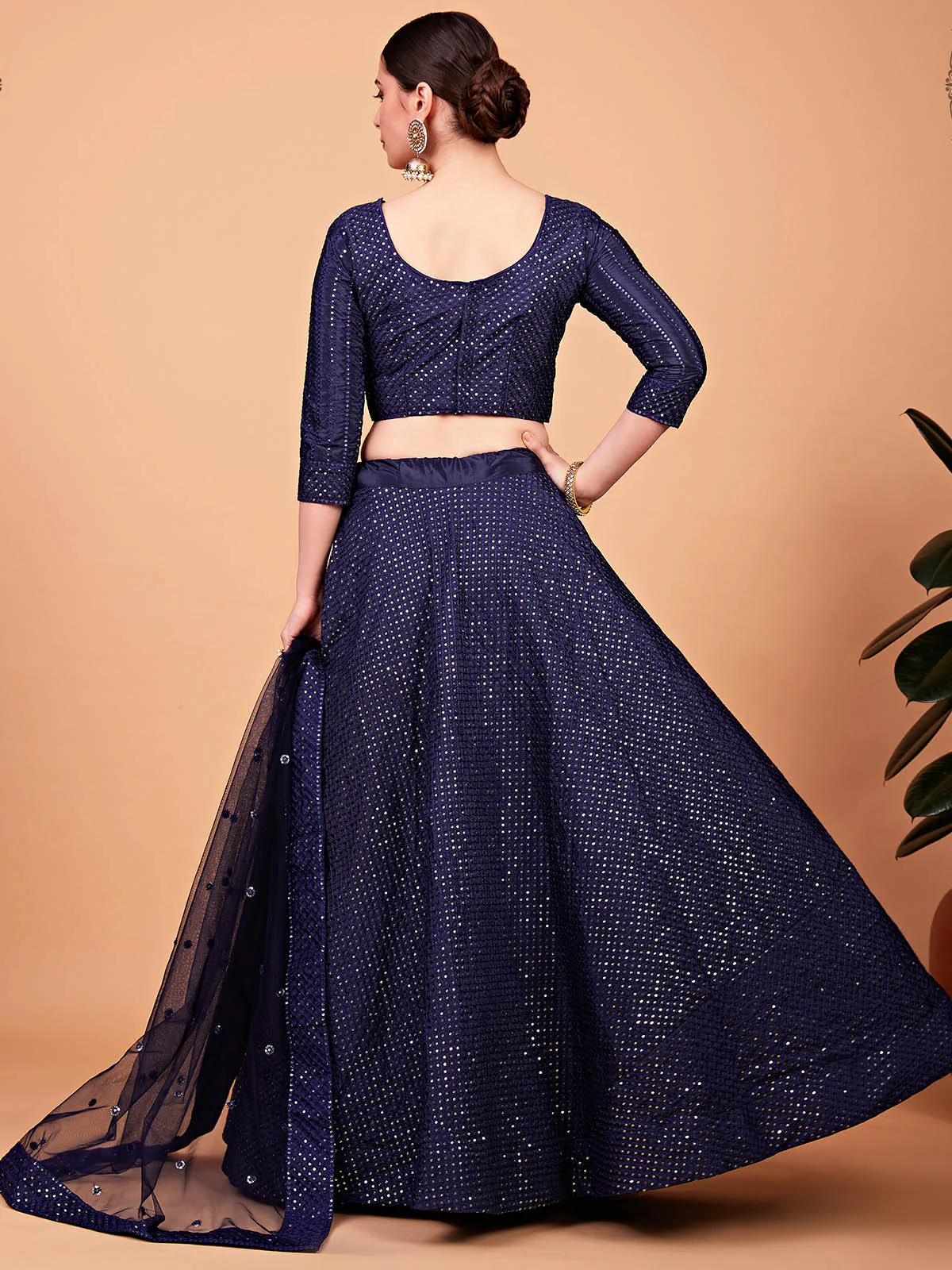 Odette Women Classy Dark Blue Silk Semi Stitched Lehenga With Unstitched Blouse - Image 3