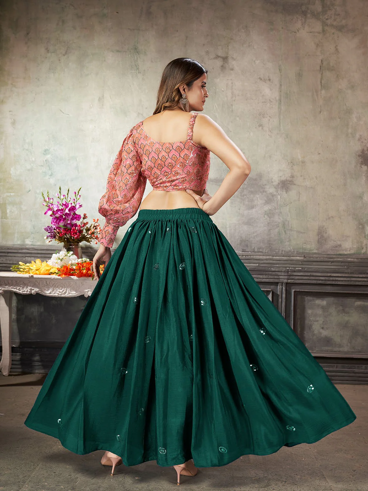 Odette Women Classy Dark Green Art Silk Stitched Lehenga Choli - Image 4