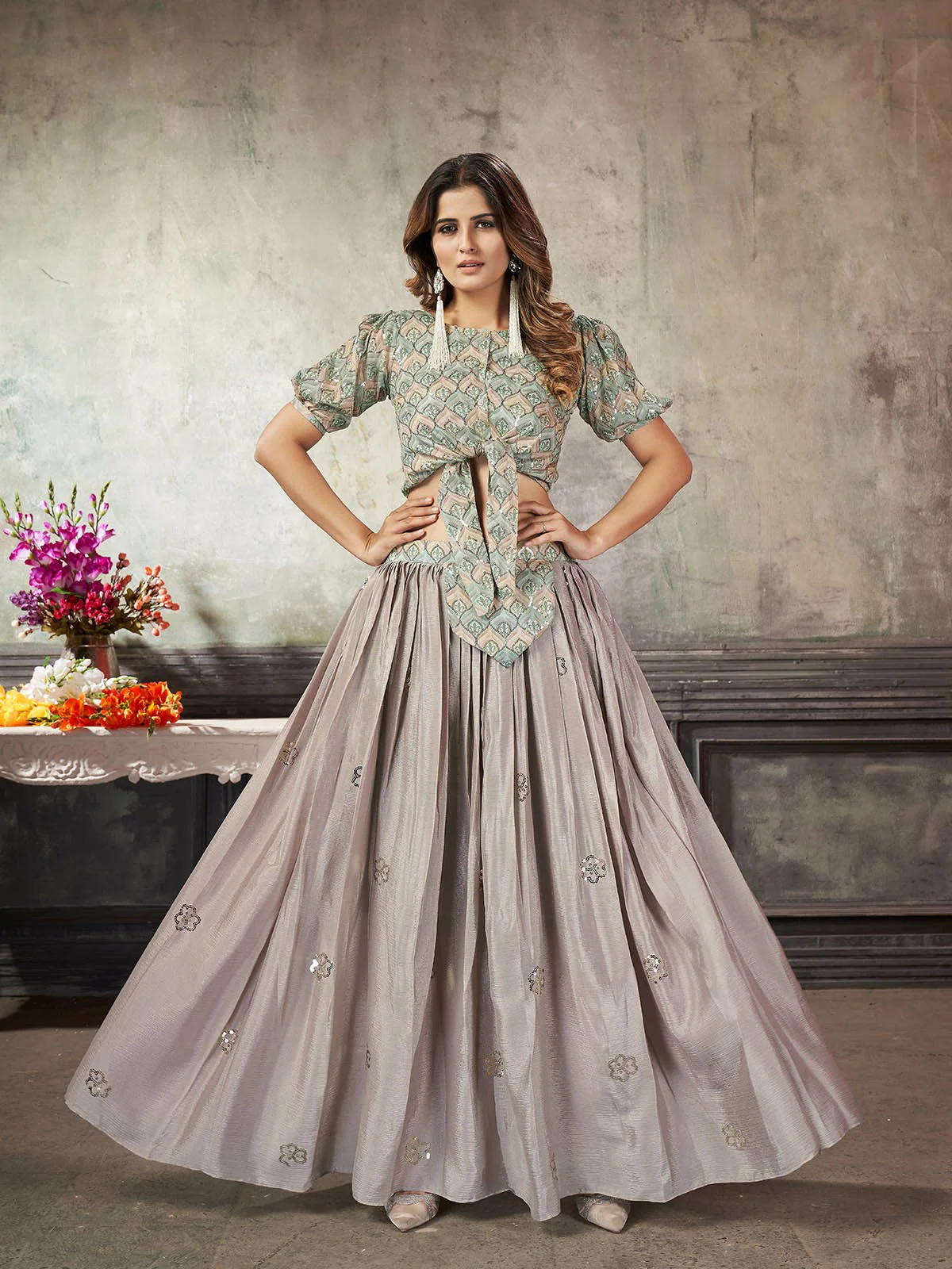 Odette Women Classy Grey Art Silk Stitched Lehenga Choli