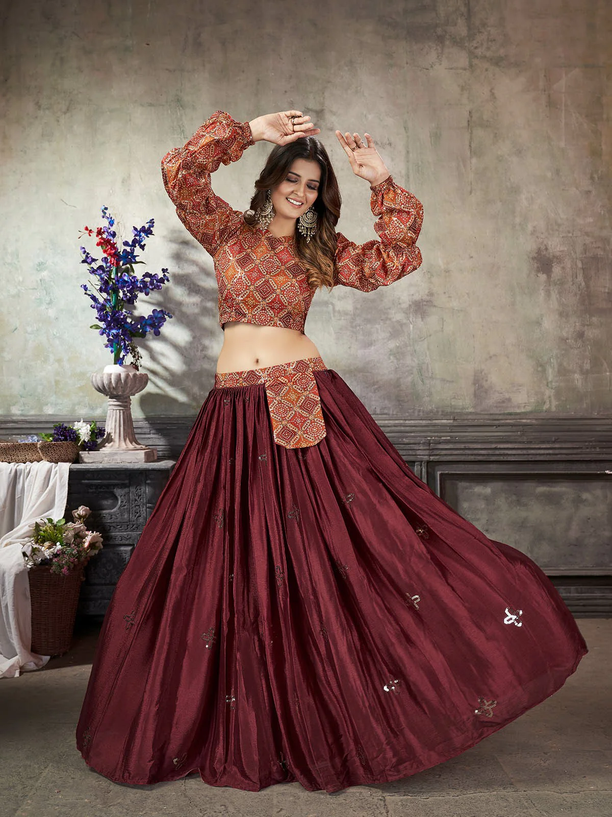Odette Women Classy Maroon Art Silk Stitched Lehenga Choli