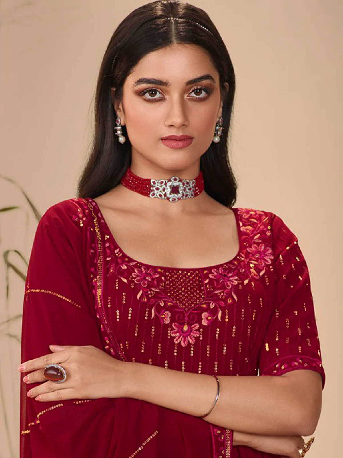 Odette Women Classy Maroon Georgette Stitched Salwar Suit - Image 2