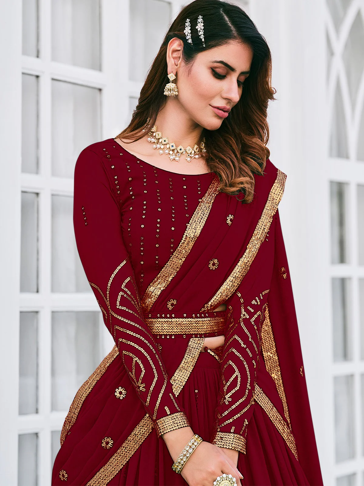 Odette Women Classy Maroon Georgette Semi-Stitched Lehenga Choli - Image 2