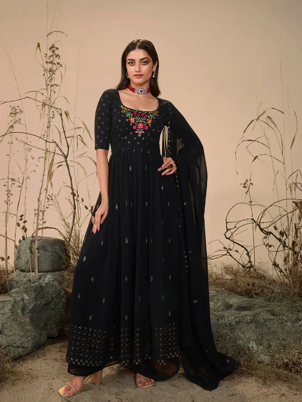 Odette Women Classy Dark Blue Georgette Stitched Salwar Suit