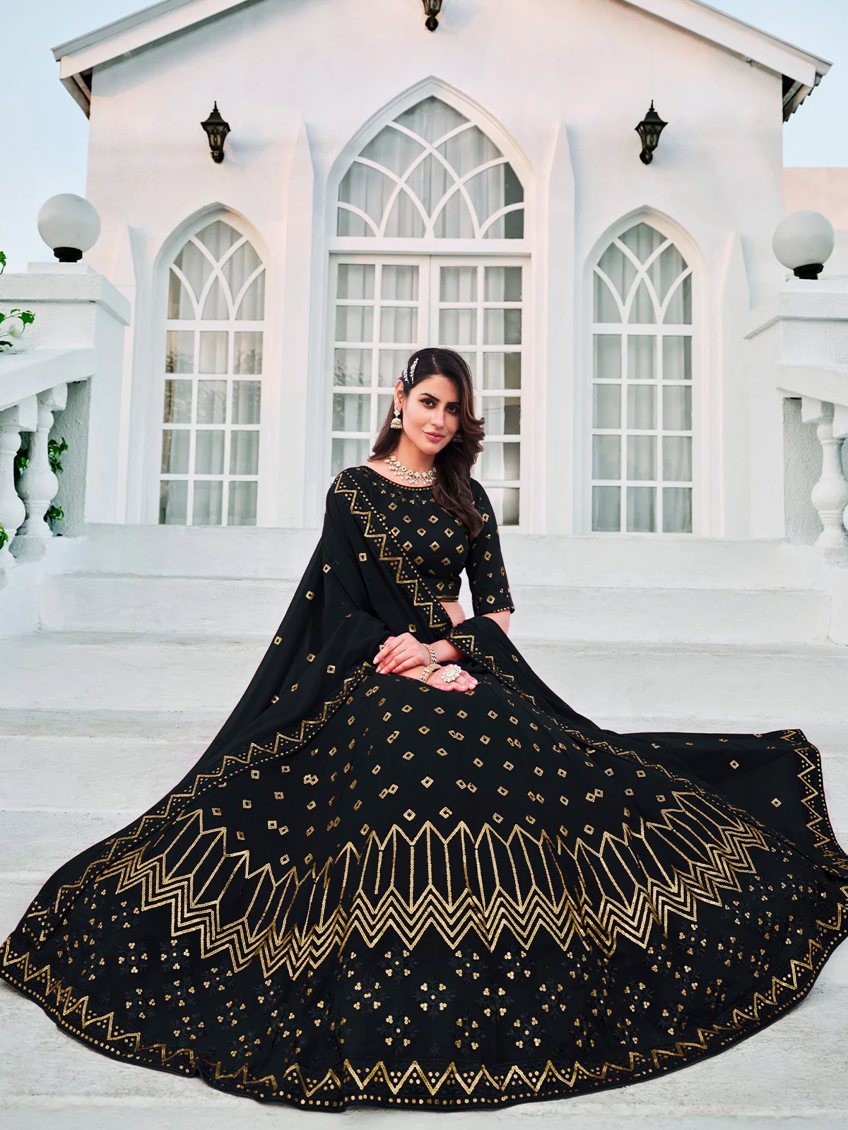Odette Women Classy Navy Blue Georgette Semi-Stitched Lehenga Choli - Image 2