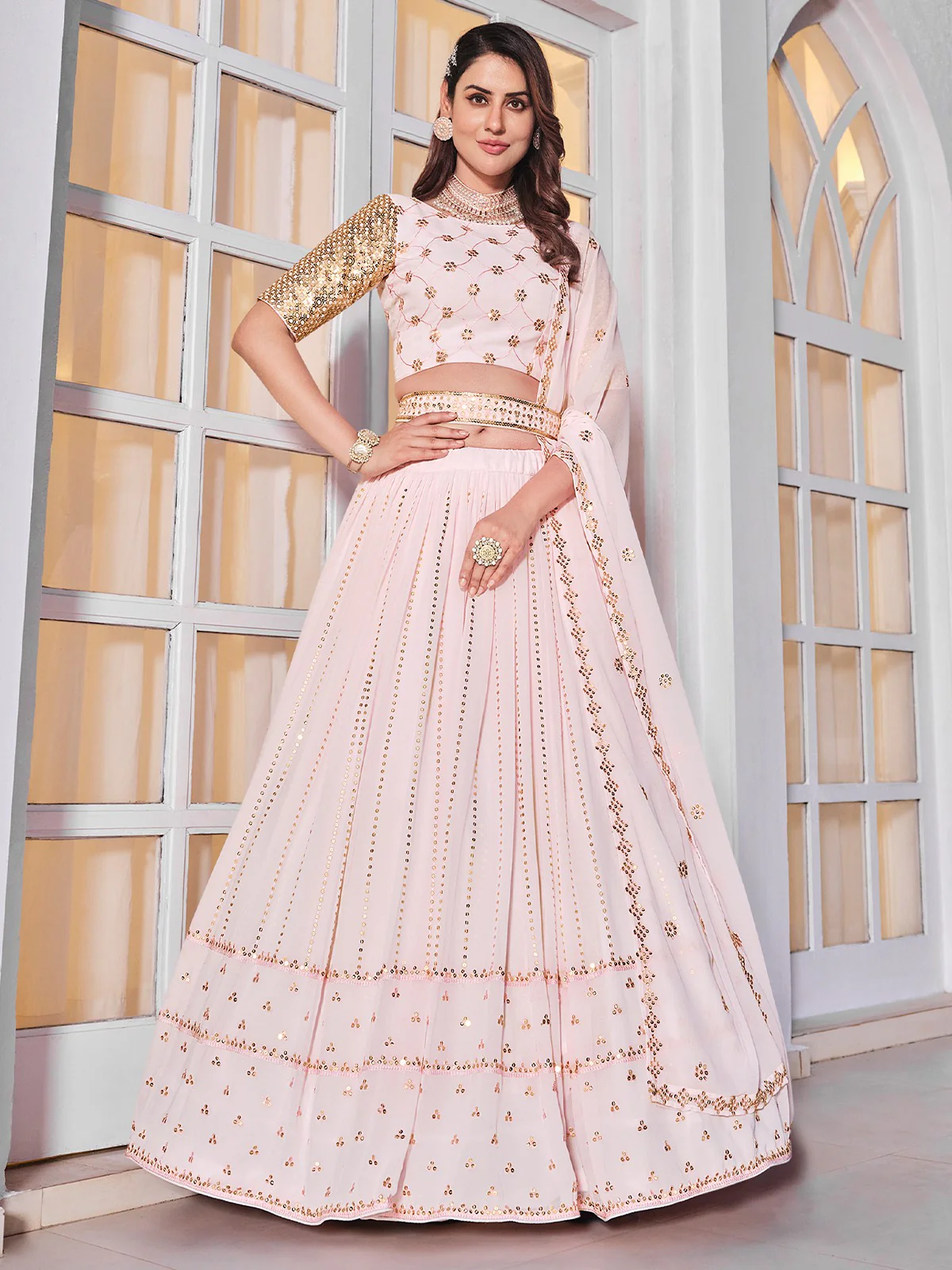 Odette Women Classy Pink Georgette Semi-Stitched Lehenga Choli
