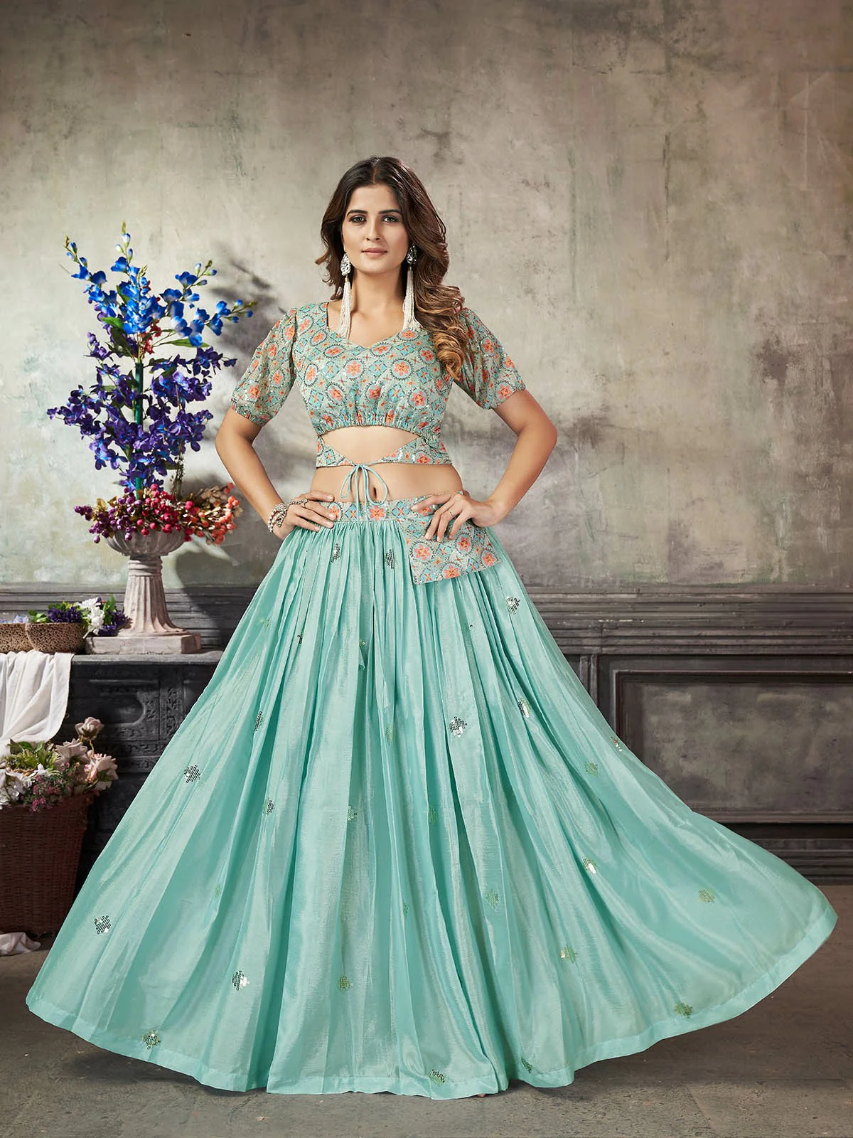 Odette Women Classy Sea Green Art Silk Stitched Lehenga Choli