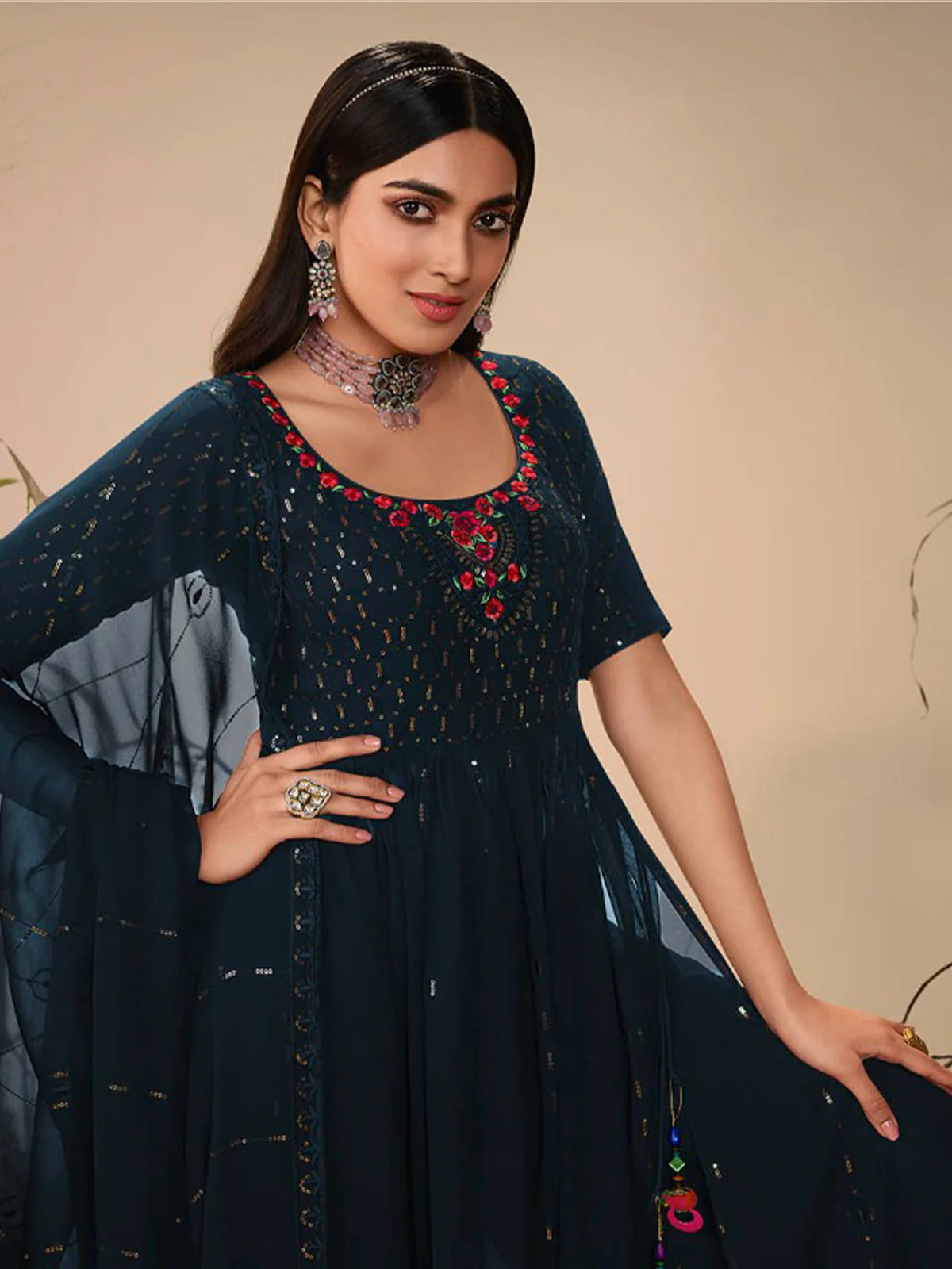 Odette Women Classy Teal Georgette Stitched Salwar Suit - Image 2