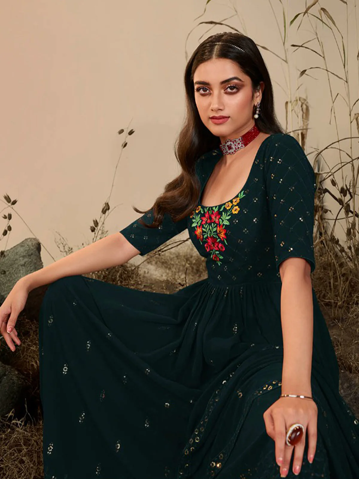 Odette Women Classy Teal Georgette Stitched Salwar Suit - Image 2