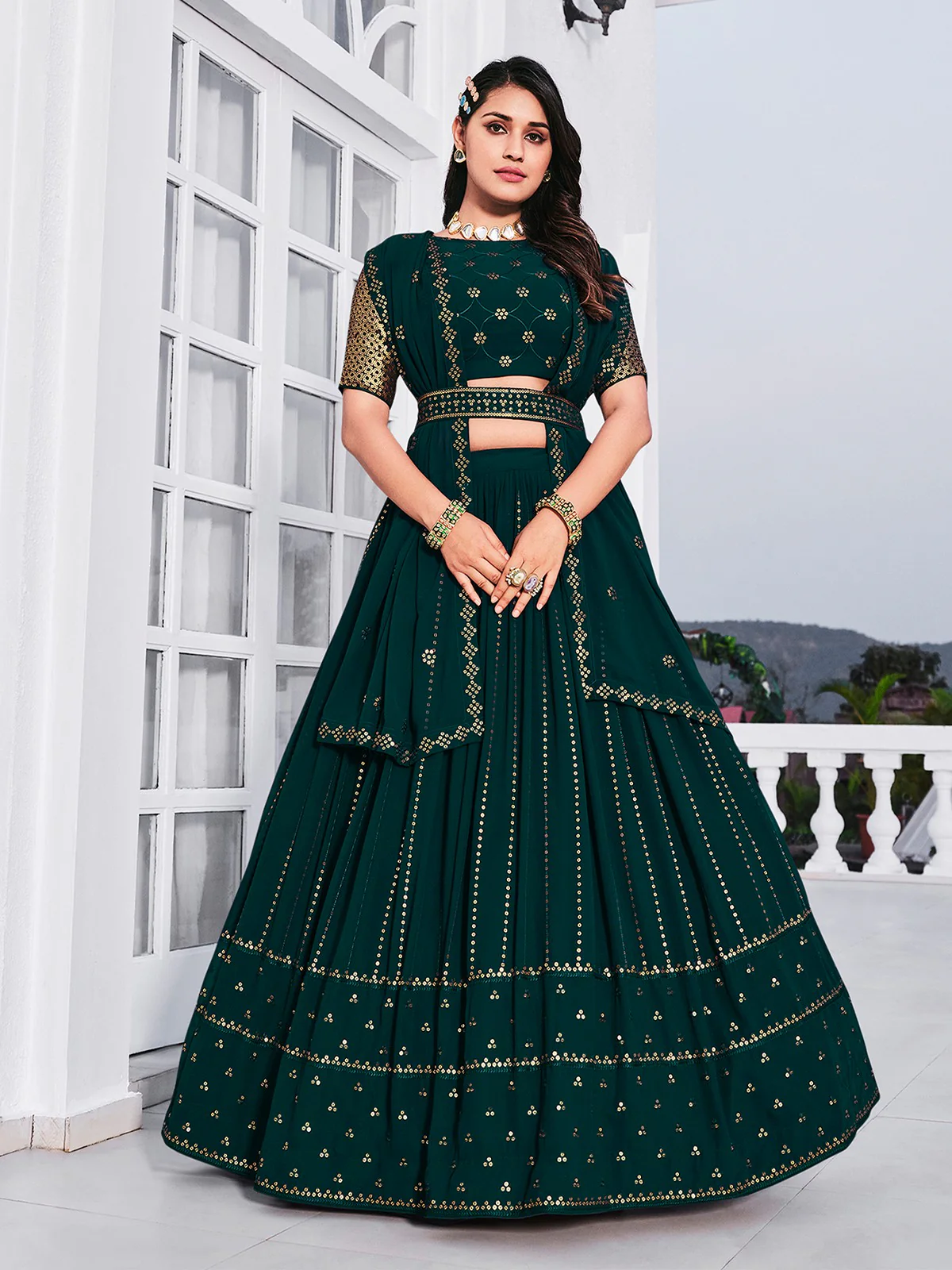 Odette Women Classy Teal Georgette Semi-Stitched Lehenga Choli