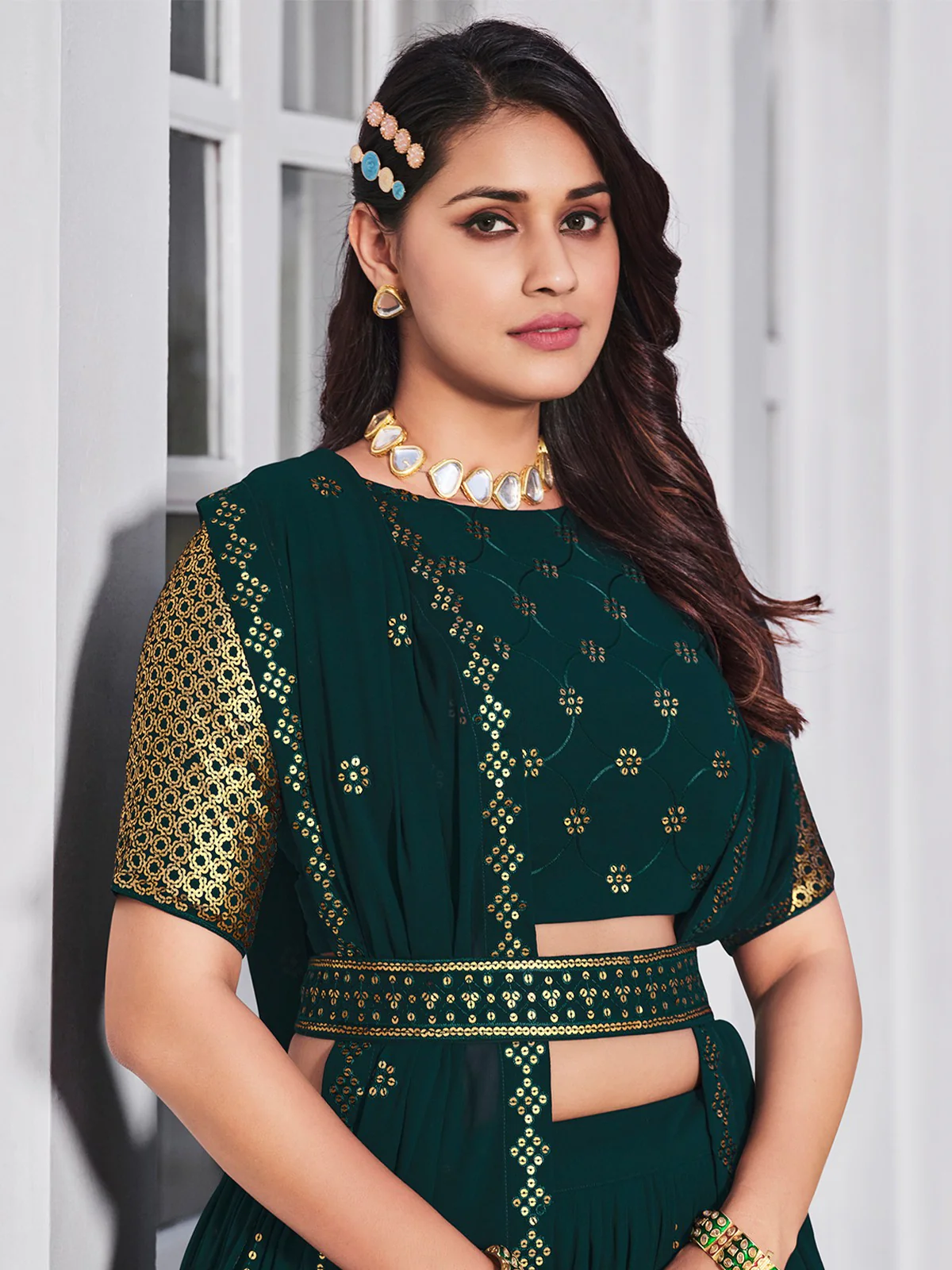 Odette Women Classy Teal Georgette Semi-Stitched Lehenga Choli - Image 3