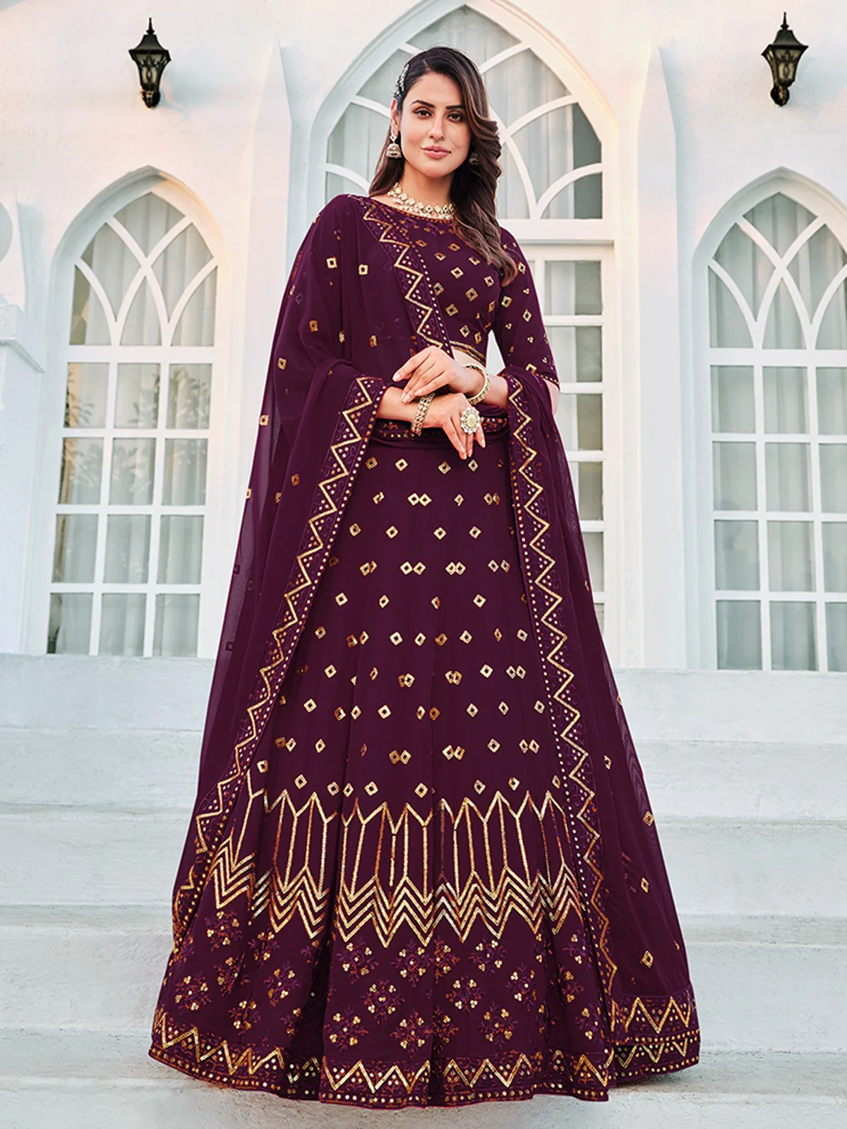 Odette Women Classy Violet Georgette Semi-Stitched Lehenga Choli