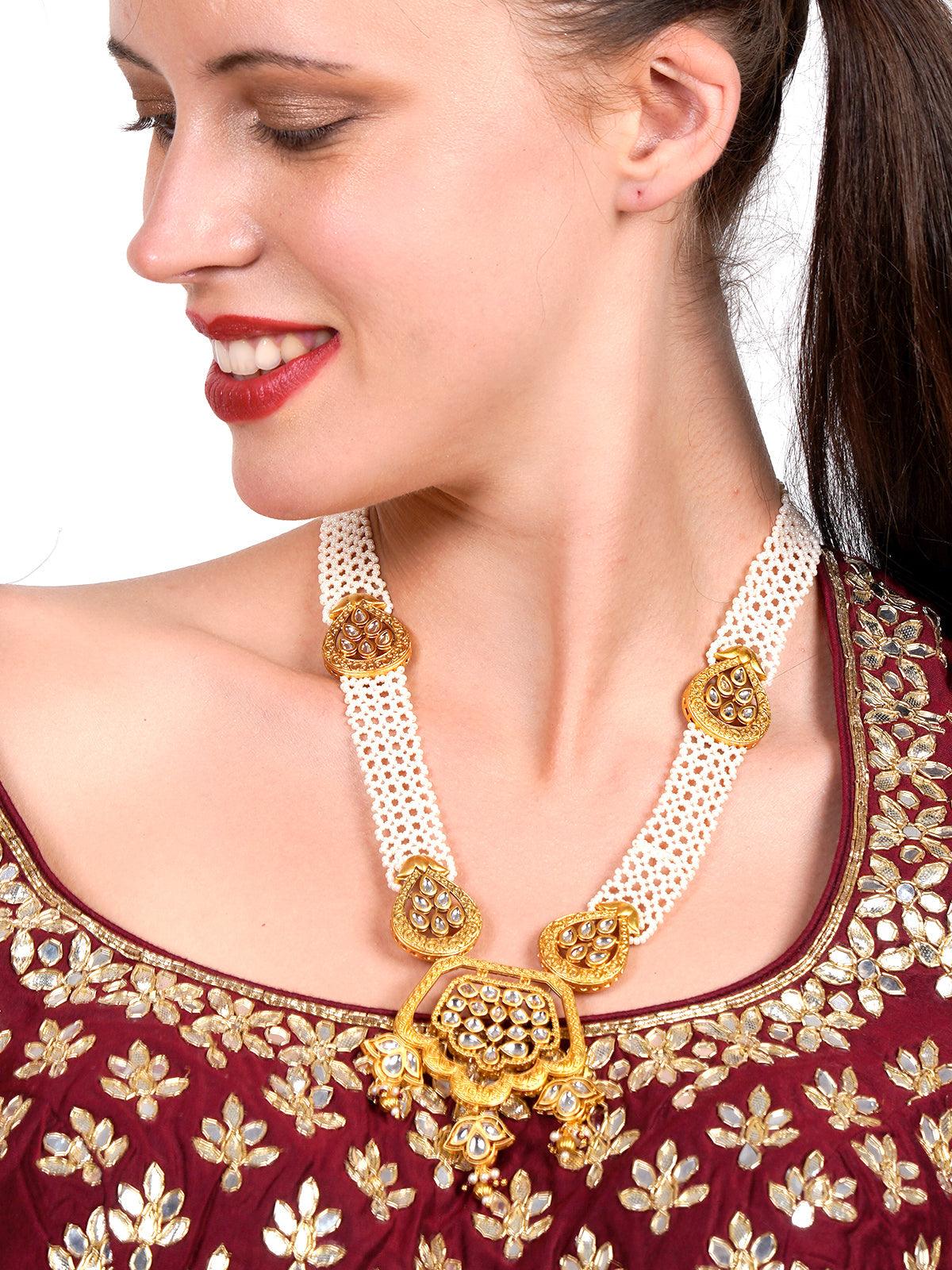 Odette Women Ancient Semiprecious Kundan & Pearl Choker With Earrings - Image 2