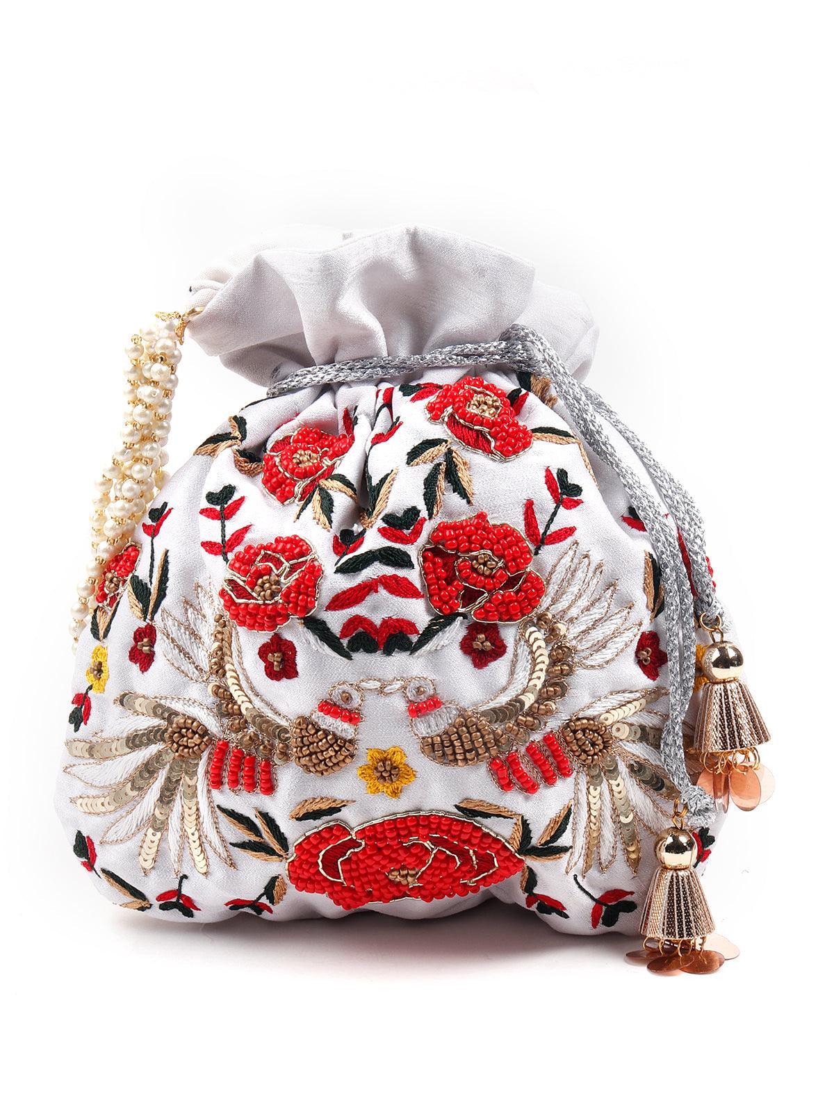 Odette Women Beaded And Ornate White Potli - Image 6