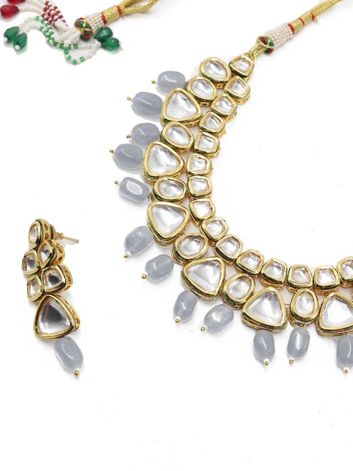Odette Women Beautiful Kundan And Grey Mani Necklace Set! - Image 4