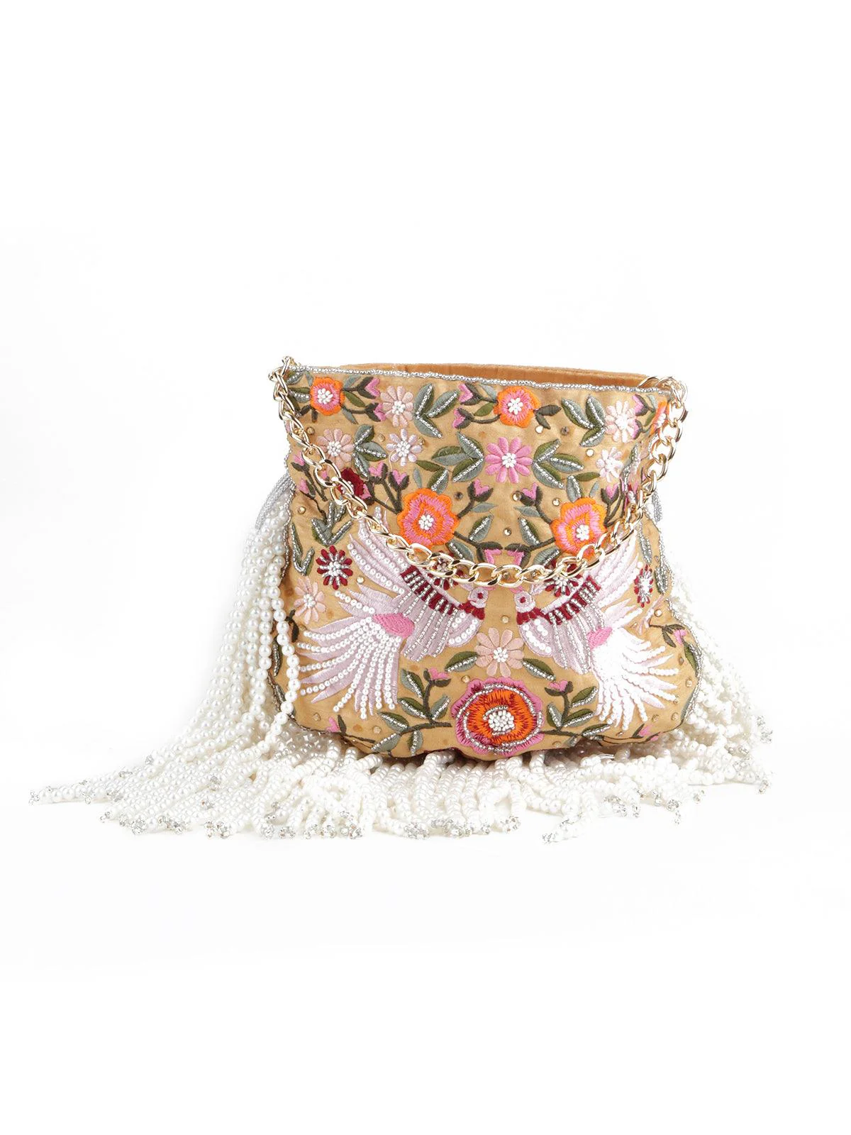 Odette Women Beige Embellished Beaded-Embroidered Pearly Potli - Image 3