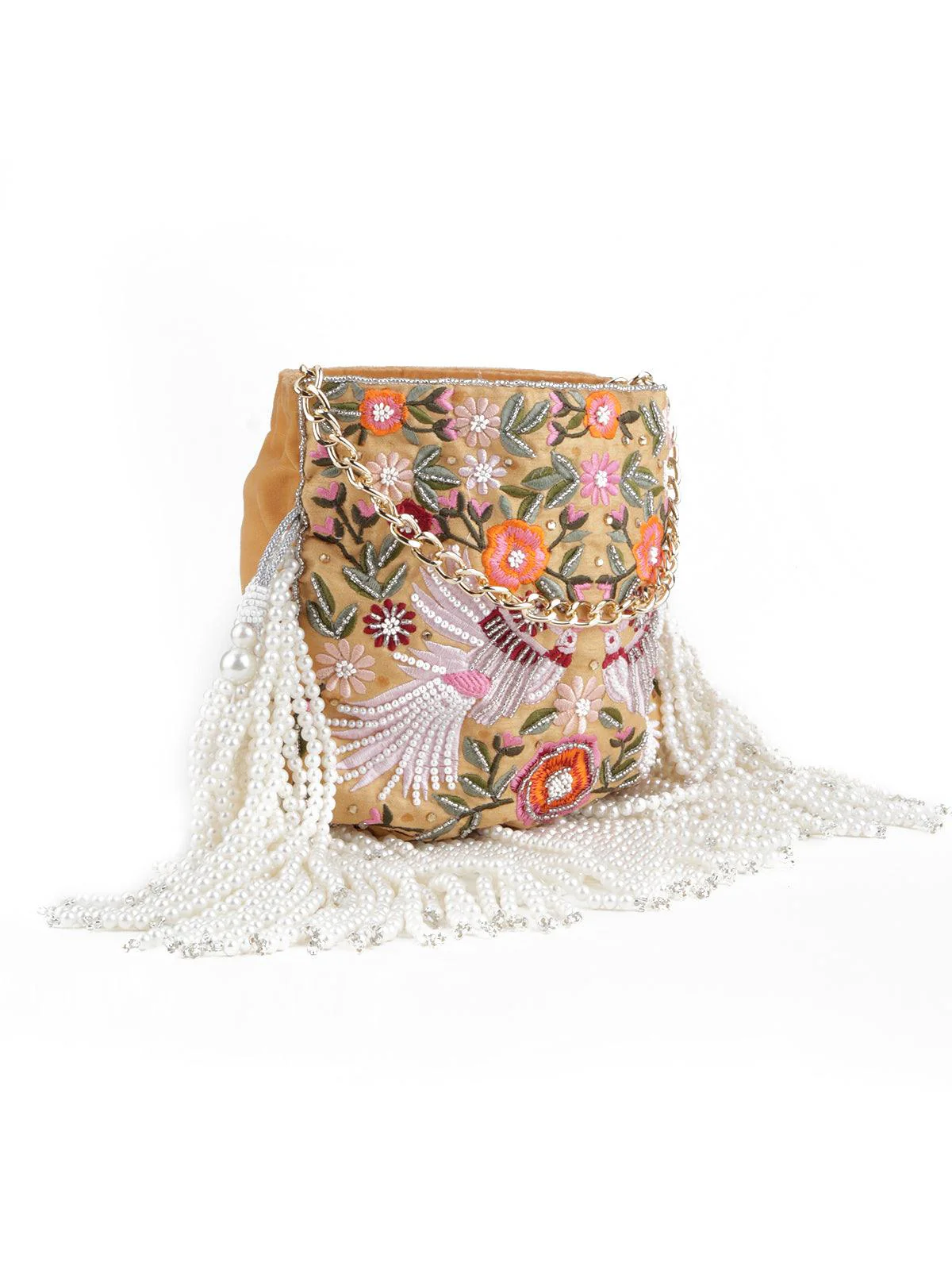 Odette Women Beige Embellished Beaded-Embroidered Pearly Potli - Image 4