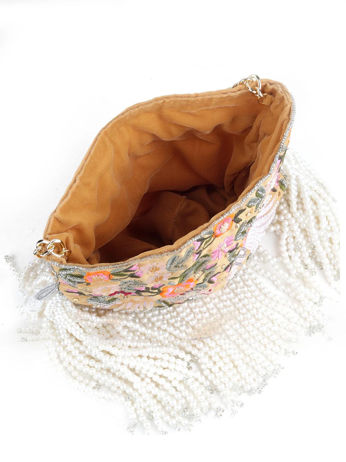 Odette Women Beige Embellished Beaded-Embroidered Pearly Potli - Image 5