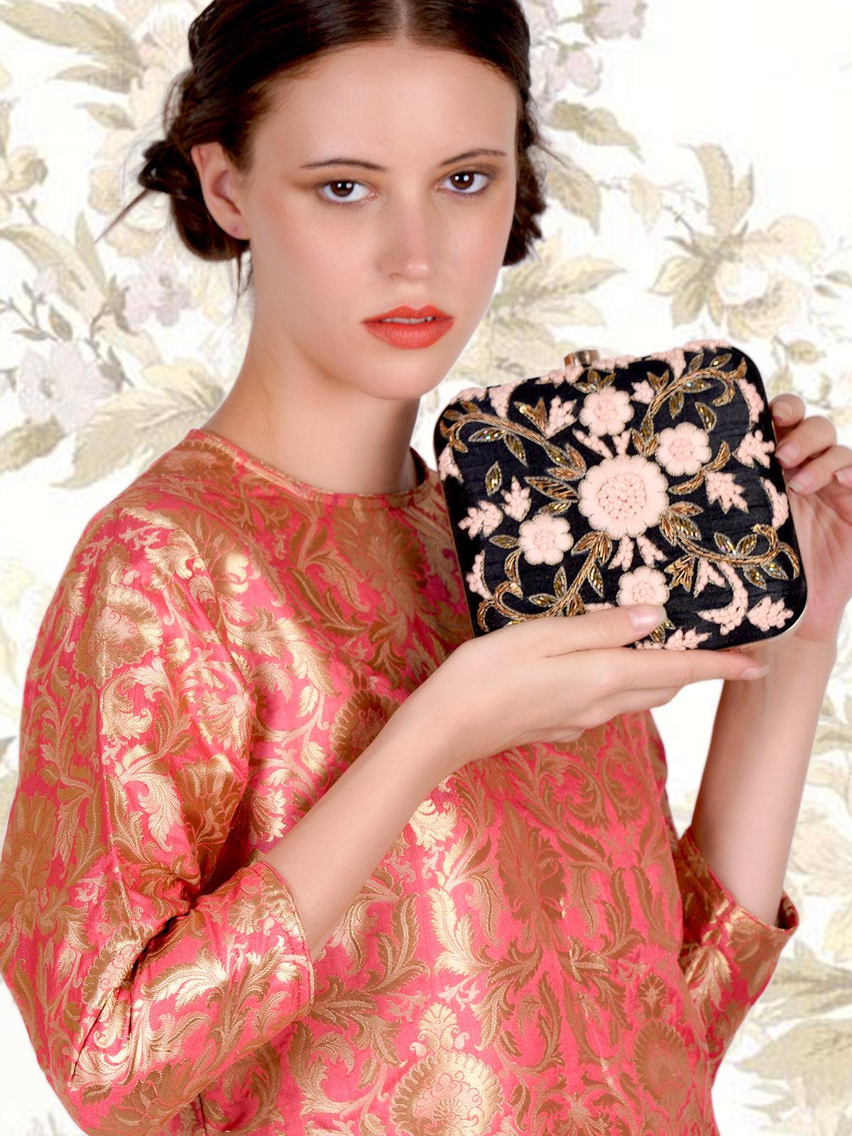 Odette Women Black And Pink Square Shape Embroidered Clutch - Image 2