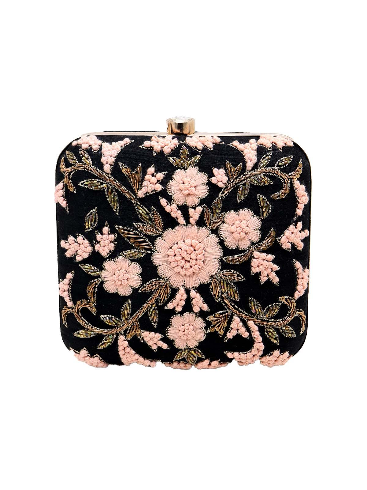 Odette Women Black And Pink Square Shape Embroidered Clutch - Image 3