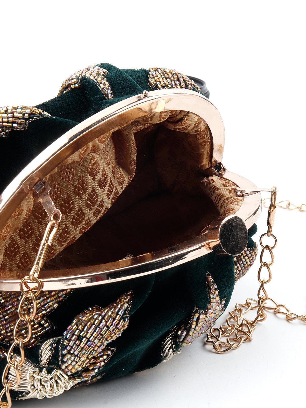 Odette Women Bottle Green Beaded Batuwa - Image 6
