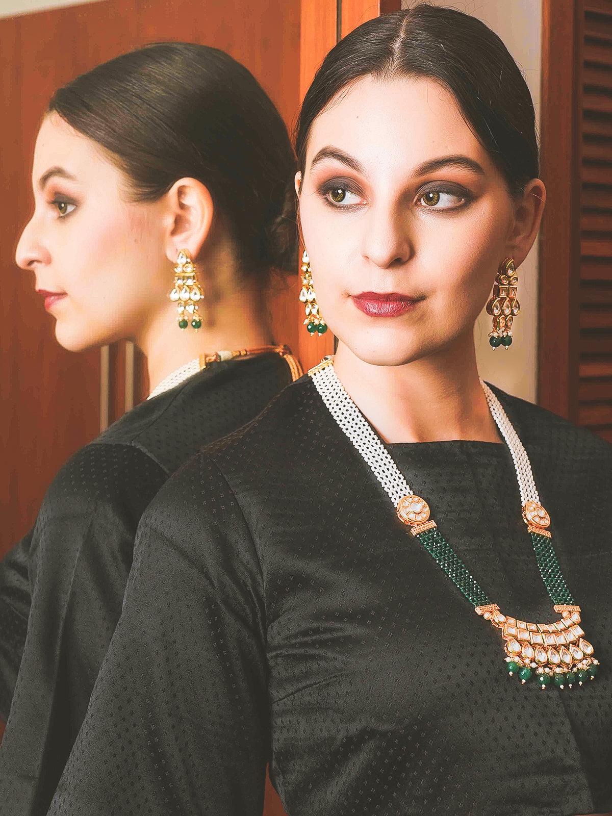 Odette Women Bottle Green-White Long Divine Necklace Set