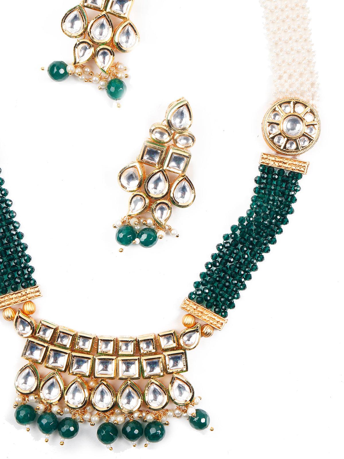 Odette Women Bottle Green-White Long Divine Necklace Set - Image 4