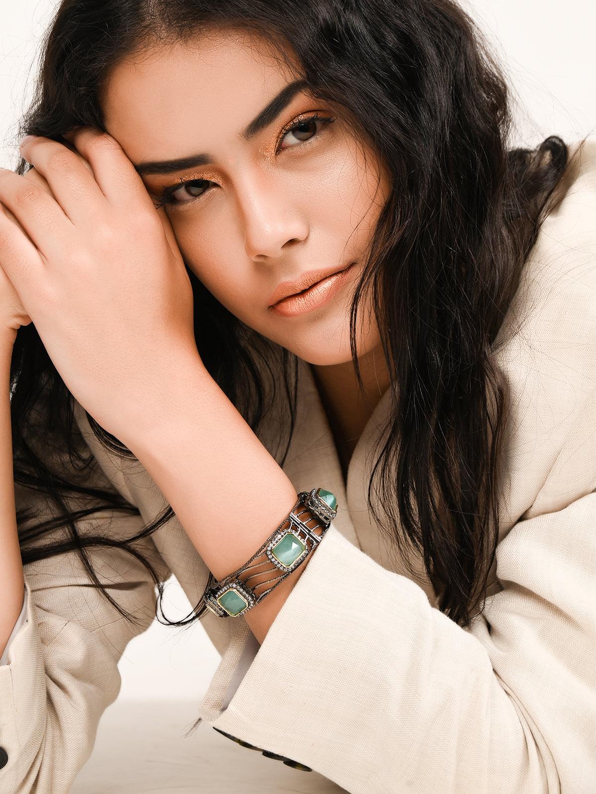 Odette Women Bright Green Crystal Statement Bracelet