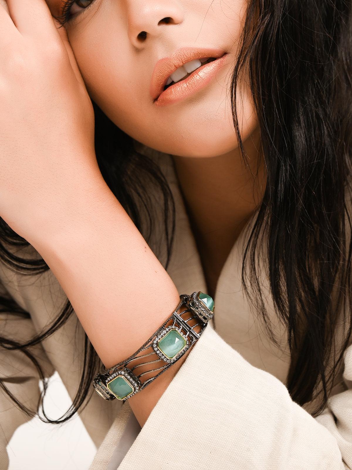Odette Women Bright Green Crystal Statement Bracelet - Image 2